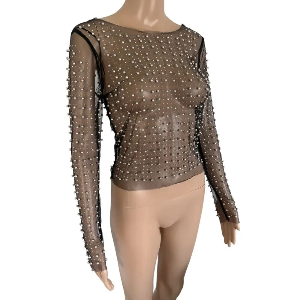 Haute Monde Black Pearl Beaded Mesh Sheer Long Sleeves Top S Coquette Glam NWT